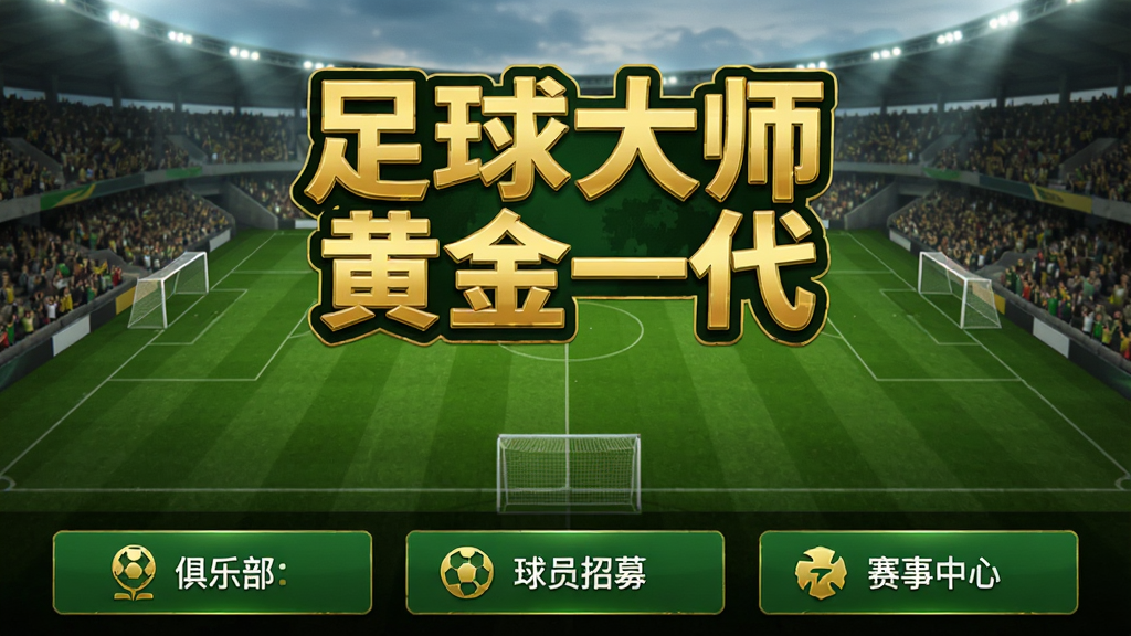 足球大师黄金一代游戏主界面截图,画面中央是绿茵球场背景,上方显示