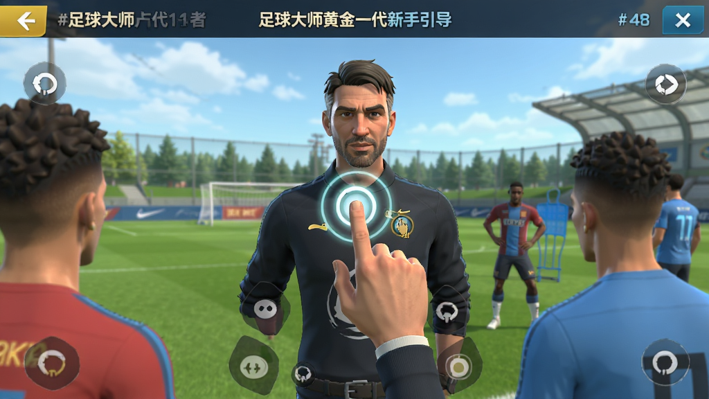 足球大师黄金一代新手引导界面截图,画面中显示一位教练角色正在向玩家讲解操作要点,界面中央有高亮的手指点击提示,背景是训练场,整体风格清新明亮,高画质游戏截图
