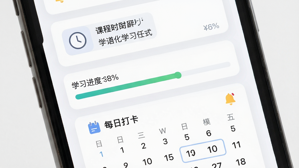 言道学外语碎片化学习模式展示,主体为手机屏幕显示短时课程卡片和每日任务列表,布局为上下结构,上方为课程时长标签,中部为学习进度条,下方为打卡日历,排版简洁明了,风格为轻量化学习类App界面,细节包括时钟图标、进度百分比和提醒铃铛,画质高清,干净,无多余元素
