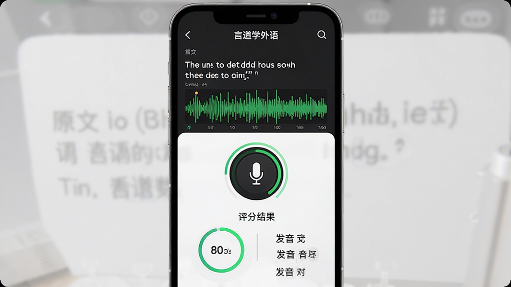 言道学外语口语跟读评测功能界面,主体为手机屏幕显示一段英文对话和波形图,布局上方为原文句子、中部为麦克风录音按钮、下方为评分结果,排版纵向排列,风格为科技感教育应用界面,细节包括绿色录音波纹、分数环形图和发音对比标注,画质高清,干净,无多余元素,屏幕中文字显示“言道学外语”