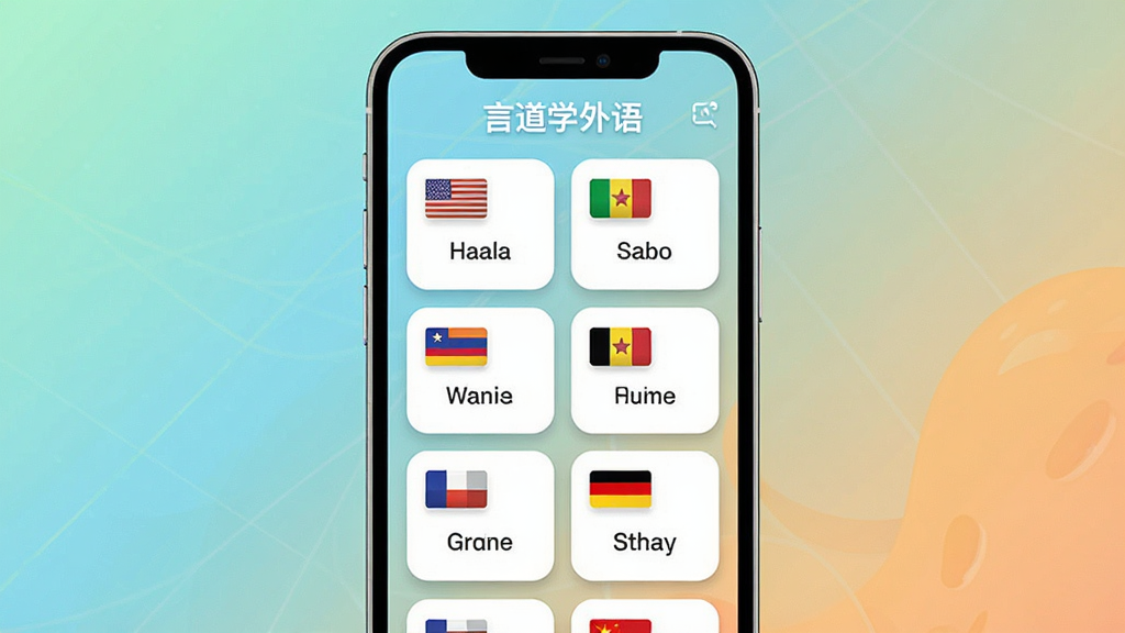 言道学外语多语种课程选择界面,主体为手机屏幕展示多国语言课程卡片,布局为网格状排列,每张卡片上有国旗图标和语言名称,排版整齐对称,风格为清新教育类App设计,细节包括圆角卡片、柔和阴影和渐变色背景,画质高清,干净,无多余元素,屏幕中文字显示“言道学外语”