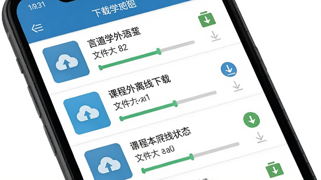 言道学外语离线下载功能界面,主体为手机屏幕显示课程下载管理列表,布局为纵向列表结构,每项包含课程名称、文件大小和下载状态图标,排版清晰规整,风格为实用工具类App设计,细节包括下载进度条、云端图标和本地存储标识,画质高清,干净,无多余元素