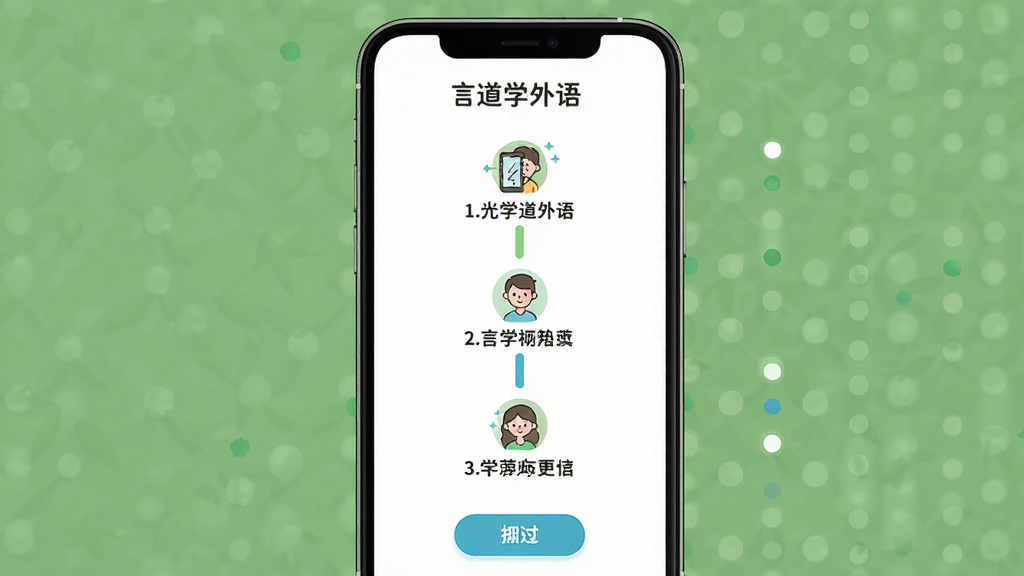 言道学外语新手引导界面,主体为手机屏幕显示三步引导流程,布局为纵向步骤条,每步配有图标和简短文字说明,排版居中对称,风格为友好引导类App设计,细节包括进度圆点、插画风格图标和跳过按钮,画质高清,干净,无多余元素,屏幕中文字显示“言道学外语”