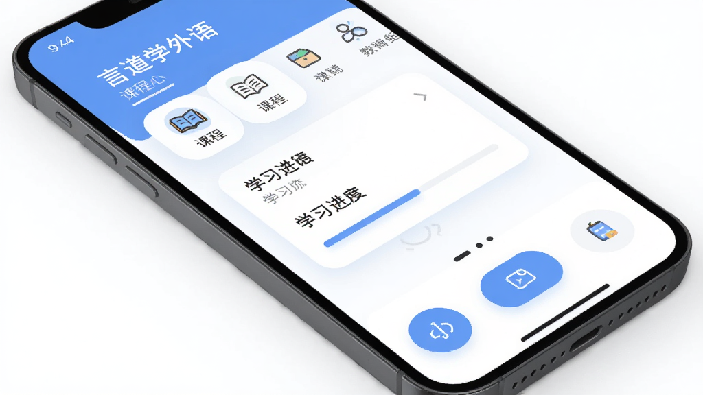 言道学外语软件主界面展示,主体为一部智能手机屏幕,屏幕上显示言道学外语应用首页,布局包含顶部课程导航栏、中部学习进度卡片和底部功能按钮,排版清晰有序,风格为现代简约教育类App界面,细节包括柔和的蓝白配色、圆形图标和扁平化设计,画质高清,干净,无多余元素