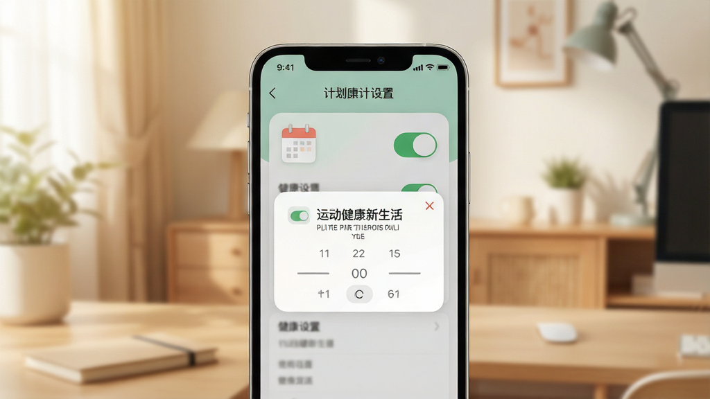一张展示运动健康新生活健康计划提醒功能的界面预览图,画面中央为手机屏幕,屏幕内显示计划设置页面和提醒通知弹窗,背景为温馨的居家或办公环境,布局简洁,风格柔和清新,细节有日历图标、开关按钮、时间选择器,画质高清干净,无多余元素,图片中文字为“运动健康新生活”。