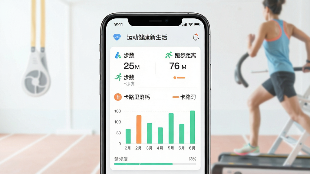 一张展示运动健康新生活运动记录功能的界面截图风格图片,画面中央为手机屏幕,屏幕内显示运动数据记录页面,包含步数、跑步距离、卡路里消耗等数字和柱状图,背景为浅色运动主题,布局清晰,风格简约现代,细节有图标、数字、进度条,画质高清干净,无多余元素,图片中文字为“运动健康新生活”。
