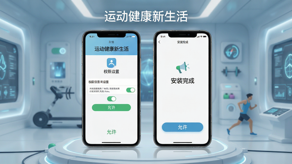 一张展示运动健康新生活新手设置流程的示意图,画面中央为手机屏幕,屏幕内显示权限设置页面和安装完成界面,背景为简洁的科技风格,布局清晰,风格扁平化,细节有开关按钮、提示文字、图标,画质高清干净,无多余元素,图片中文字为“运动健康新生活”和“允许”。