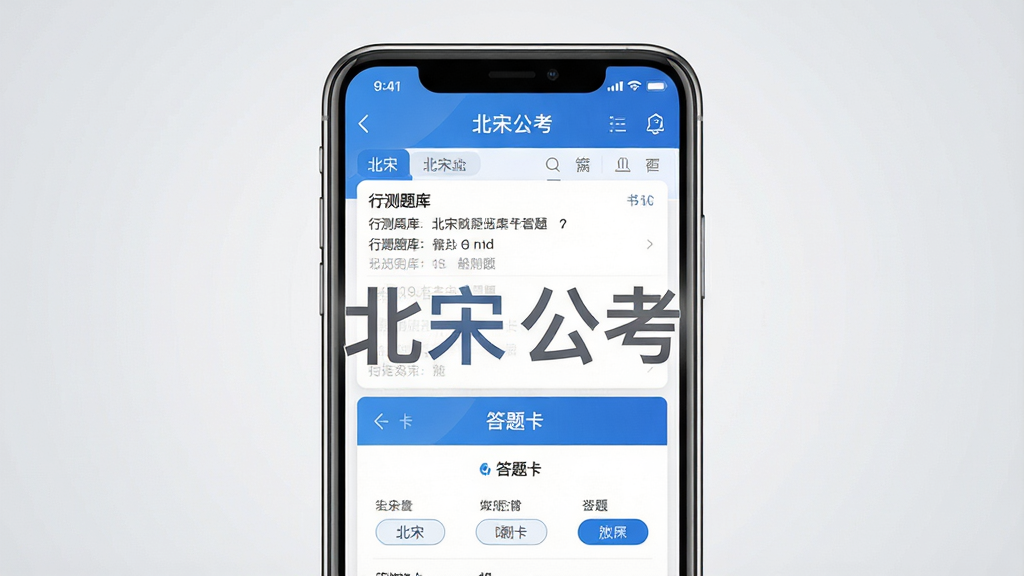 北宋公考手机APP主界面展示,画面中央是一部竖屏智能手机,屏幕内呈现公考刷题界面,包含行测题库列表与答题卡区域,整体布局简洁清晰,采用蓝白配色风格,背景为浅灰色渐变,画面中标注文字“北宋公考”,排版居中,细节干净,画质高清,无多余元素