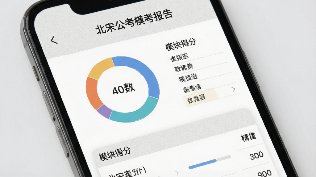 北宋公考模拟考试成绩报告界面,画面为手机竖屏展示,屏幕内呈现分数环形图与模块得分列表,布局为上下结构,风格浅灰质感,画面中标注文字“北宋公考模考报告”,排版简洁,细节清晰,画质高清,无多余元素