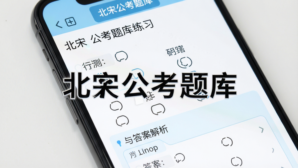 北宋公考题库练习界面,画面为手机屏幕特写,屏幕上显示行测选择题与答案解析区域,布局为上下结构,上方为题干下方为选项,配色以白色和浅蓝色为主,风格简洁商务,画面中标注文字“北宋公考题库”,排版整齐,细节清晰,画质高清,无多余元素