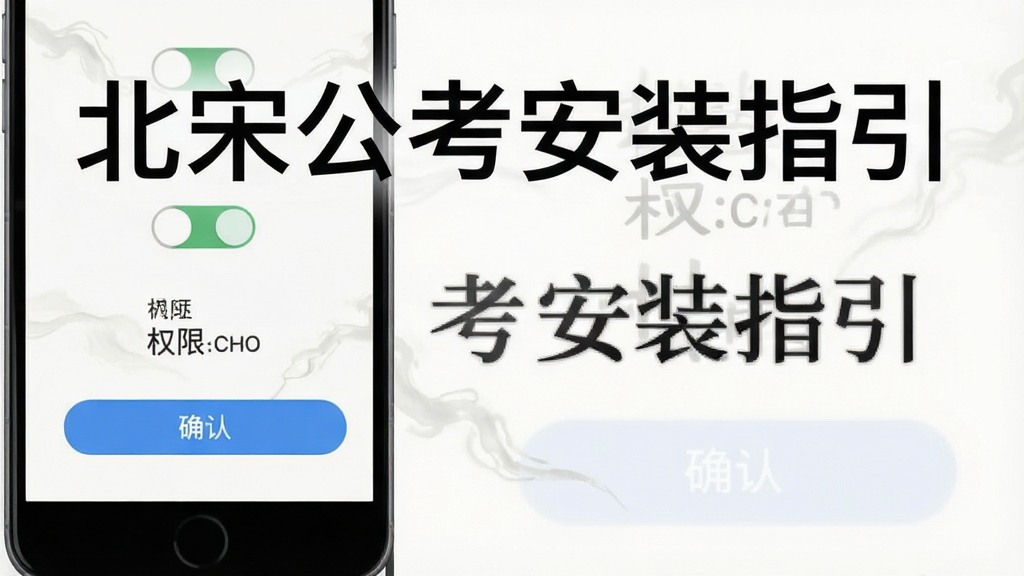 北宋公考安卓手机安装步骤示意图,画面为手机屏幕展示安装权限设置界面,布局为上下结构,上方为权限开关下方为确认按钮,风格清爽素雅,画面中标注文字“北宋公考安装指引”,排版清晰,细节干净,画质高清,无多余元素