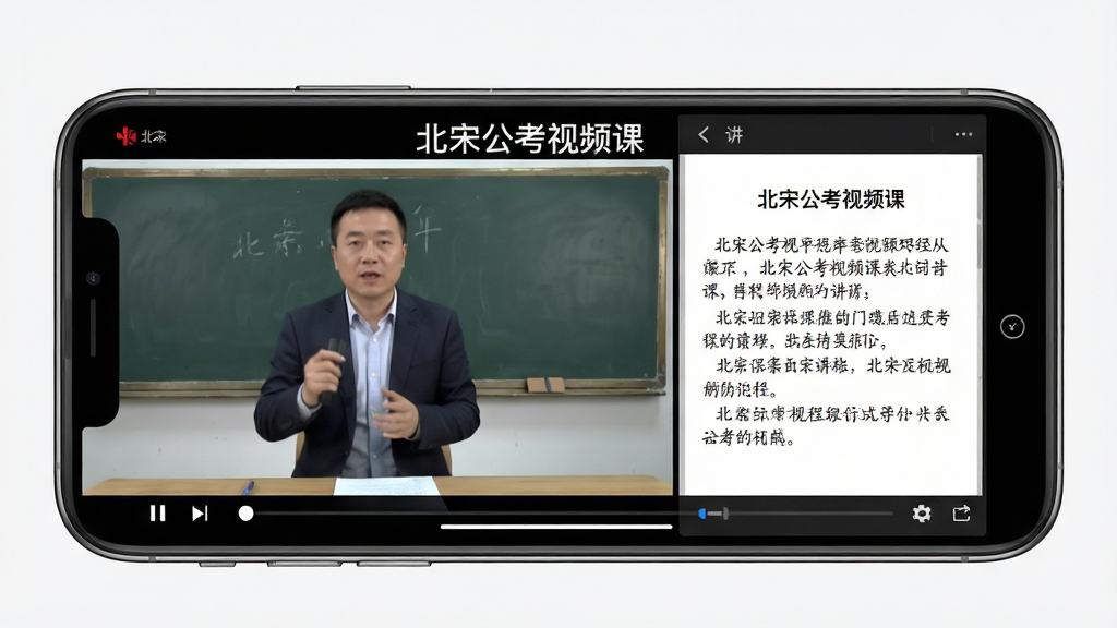 北宋公考视频课程播放界面,画面为手机横屏展示,屏幕内呈现讲师授课画面与课件板书区域,布局为左视频右讲义,风格清爽素雅,画面中标注文字“北宋公考视频课”,排版规整,细节干净,画质高清,无多余元素