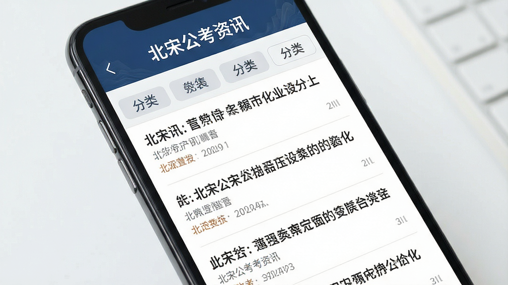 北宋公考资讯推送界面,画面为手机竖屏展示,屏幕内呈现资讯列表与分类标签,布局为列表式排列,风格简约商务,画面中标注文字“北宋公考资讯”,排版整齐,细节干净,画质高清,无多余元素