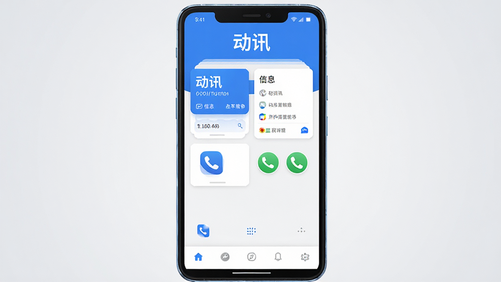 一部安卓手机屏幕中央显示“动讯”应用主界面,界面为蓝白配色,顶部有“动讯”字样,中部排列信息卡片与通讯图标,底部为导航栏,背景为干净的浅灰色渐变,整体布局居中对称,风格简洁现代科技感,细节清晰无杂乱元素,画质高清干净