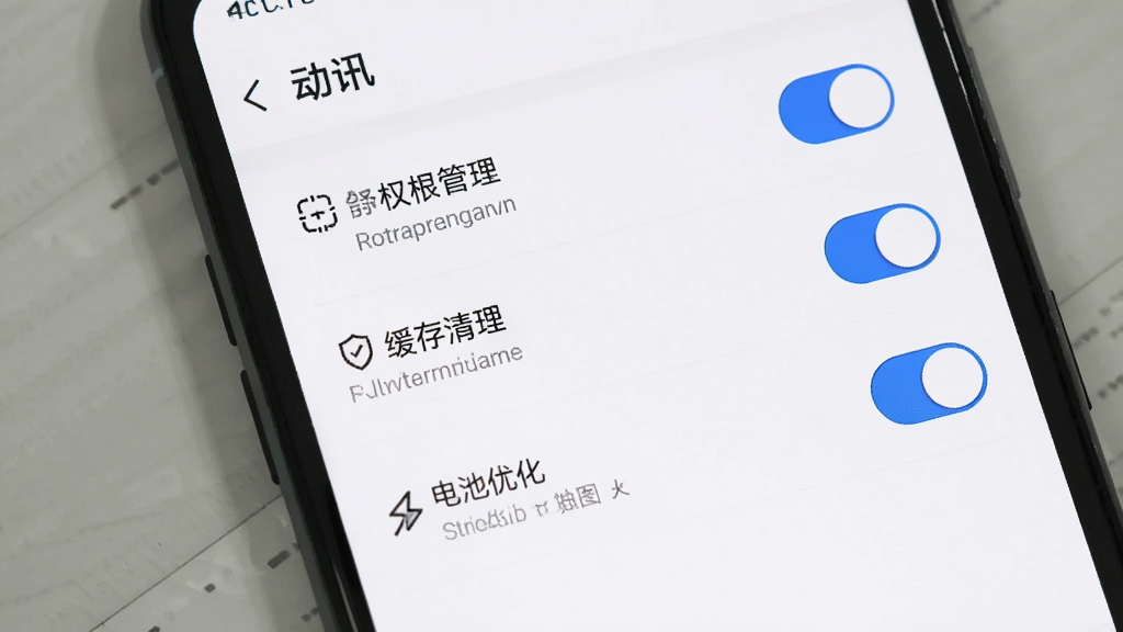 一部手机展示“动讯”设置页面,页面中包含权限管理、缓存清理、电池优化等选项,界面为白色背景配蓝色开关按钮,布局清晰,风格简约,画质干净无多余元素