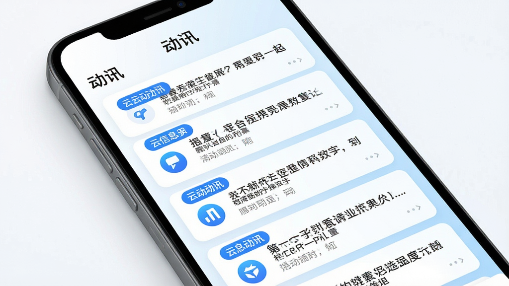 手机屏幕展示“动讯”云信息聚合界面,多条信息卡片纵向排列,卡片带有蓝色标签和图标,顶部显示“动讯”名称,背景为白色与浅蓝渐变,布局整齐,风格清爽简约,细节干净,画质清晰