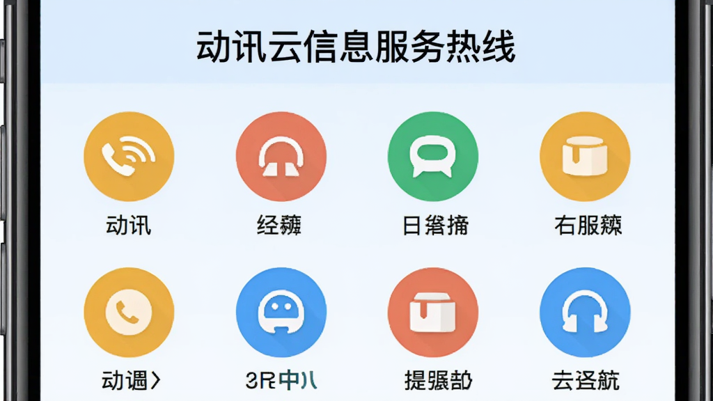 手机界面显示“动讯”服务热线页面,多个圆形服务图标排列成网格,图标下方标注服务名称,顶部有“动讯云信息服务热线”文字,背景为淡蓝色,风格扁平化,布局规整,画质干净清晰