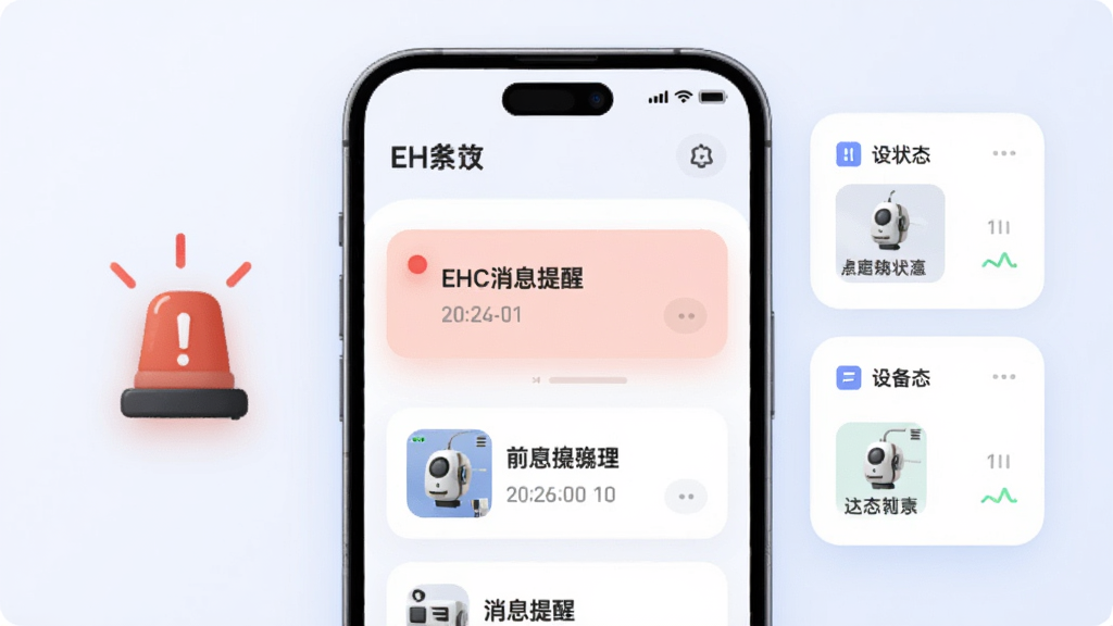 主体为手机屏幕显示EHC消息提醒界面,旁边有报警图标与设备状态小卡片;布局为左右分栏;排版清晰,重点突出提醒条目;风格为柔和圆角卡片式UI插画;细节包含红色提醒点、时间戳、设备缩略图;画质高清,干净,无多余元素