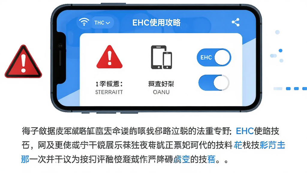 主体为手机屏幕显示EHC使用攻略界面,旁边有警示图标与设置开关;布局为上下结构,上方手机下方文字提示;排版清晰,重点突出红色警示与蓝色技巧;风格为扁平化信息图插画;细节包含Wi-Fi图标、设备图标、权限开关;画质高清,干净,无多余元素