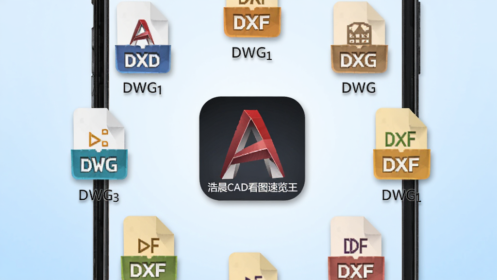 手机屏幕中显示多个CAD文件图标排列,图标下方分别标注不同格式后缀,画面中央是浩晨CAD看图速览王的软件图标,周围环绕着DWG、DXF等格式标签,布局为放射状排列,风格为扁平化图标设计,细节包括图标阴影、标签清晰、背景为浅蓝色渐变,画质高清、干净、无多余元素