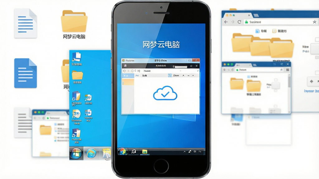 一张展示智能手机屏幕内运行Windows电脑桌面的场景图,手机居中放置,屏幕中清晰显示“网梦云电脑”软件界面与经典蓝色桌面背景,周围环绕着文档图标、文件夹与浏览器窗口,布局简洁对称,风格为科技感扁平插画,细节包含手机边框、屏幕反光与桌面任务栏,画质清晰明亮,干净无多余元素
