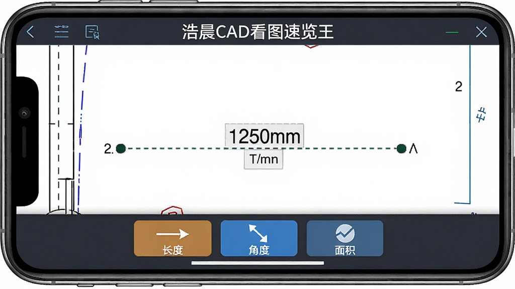 浩晨CAD看图速览王测量功能界面图,画面展示手机屏幕中一张CAD图纸上正在测量两点之间的距离,屏幕中央有虚线连接两点并显示测量数值“1250mm”,底部有测量工具面板包含长度、角度、面积按钮,顶部有“浩晨CAD看图速览王”文字,风格为工具类应用界面,布局清晰,细节包括测量数值标签和工具图标,画质高清,干净,无多余元素