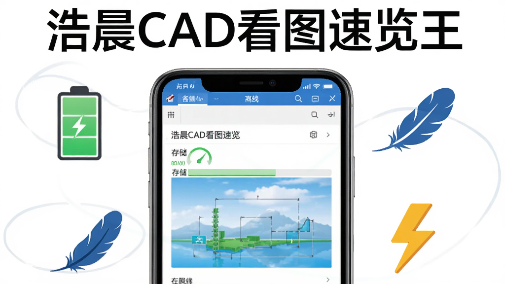 浩晨CAD看图速览王轻量省电特性宣传图,画面中一部手机显示软件界面,周围环绕着电池图标、羽毛图标和闪电图标,背景为白色简洁风格,顶部有“浩晨CAD看图速览王”文字,布局为手机居中、图标环绕,细节包括存储空间占用小的进度条和离线可用标识,画质高清,干净,无多余元素