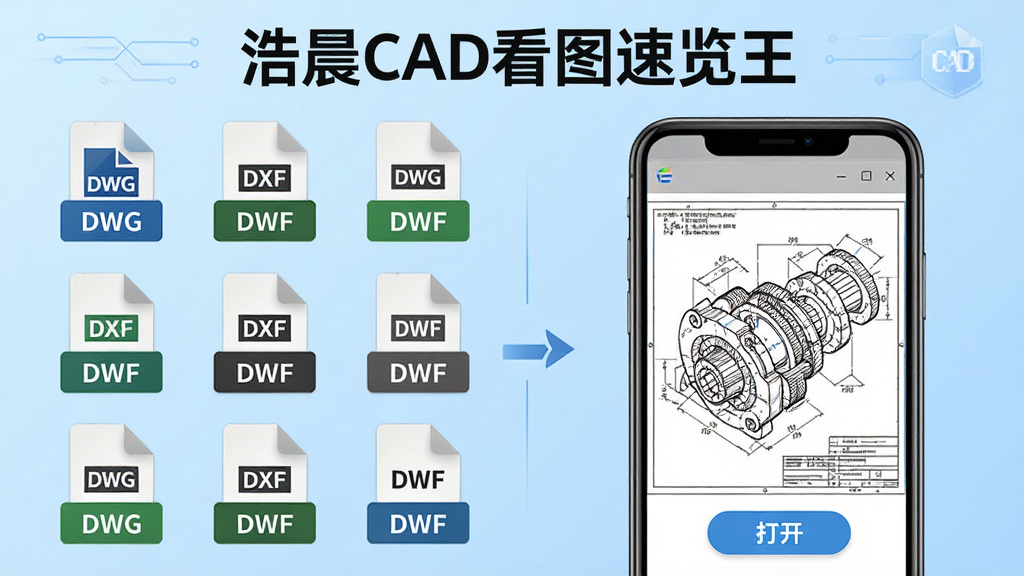 浩晨CAD看图速览王多格式兼容功能展示图,画面左侧排列多个文件格式图标如DWG、DXF、DWF,右侧展示手机屏幕中打开一张复杂机械图纸,图纸细节清晰,背景为浅蓝色渐变,顶部有“浩晨CAD看图速览王”文字标识,风格为扁平化科技风,布局左右对比,细节包括文件格式标签和打开按钮,画质高清,干净,无多余元素