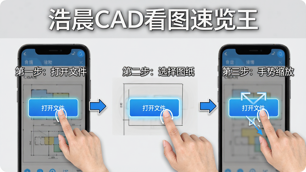 浩晨CAD看图速览王新手操作引导图,画面展示手机屏幕中软件界面,屏幕上有手指点击“打开文件”按钮的动画示意,周围有文字标注“第一步:打开文件”“第二步:选择图纸”“第三步:手势缩放”,背景为浅灰色,顶部有“浩晨CAD看图速览王”文字,风格为教程引导风,布局分三步展示,细节包括高亮按钮和箭头指示,画质高清,干净,无多余元素