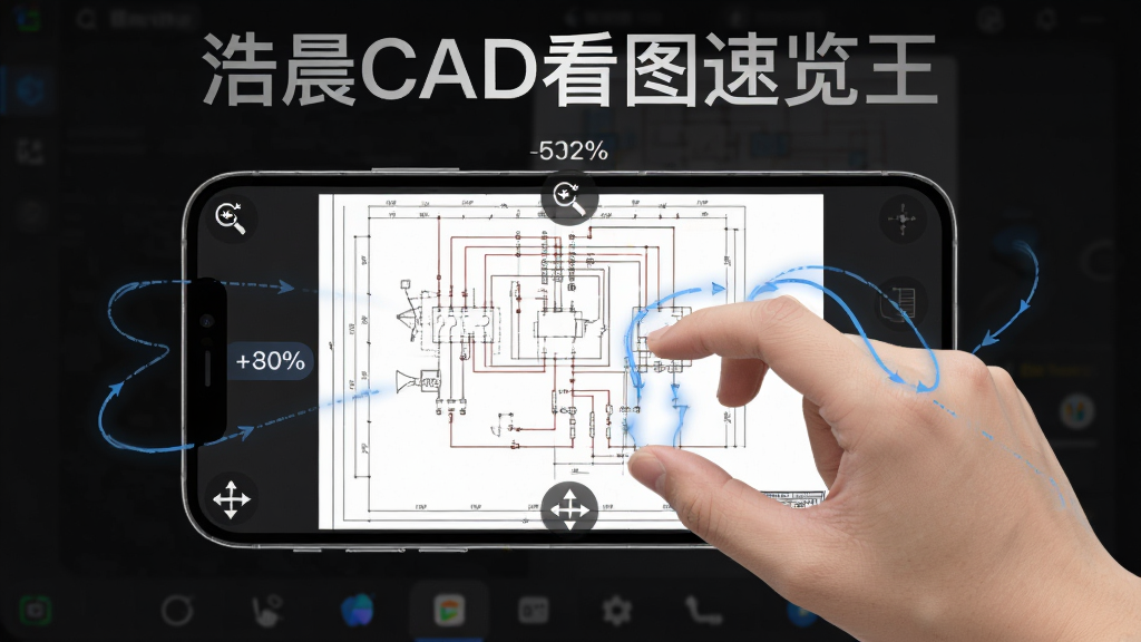 浩晨CAD看图速览王手势操作示意图,画面中一只手正在手机屏幕上双指捏合缩放CAD图纸,图纸内容为电气布线图,背景为深色模式,屏幕周围有手势轨迹线条和缩放百分比数字,顶部有“浩晨CAD看图速览王”文字,风格为现代UI展示风,布局居中,细节包括缩放图标和平移箭头,画质高清,干净,无多余元素