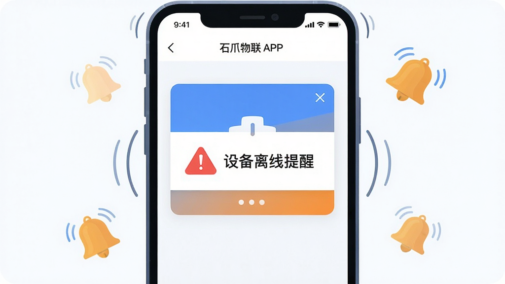 һ���ֻ���Ļ������ʾʯצ����APP�ĸ澯֪ͨ�������������к�ɫ��̾��ͼ��͡��豸�������ѡ����֡��ֻ���Χ����΢������������ͼ���׺������Ϊ�ֻ�������д�����Ϊ��ƽ��UI�廭����ɫ�԰ס�������Ϊ���������������޶���Ԫ�ء�