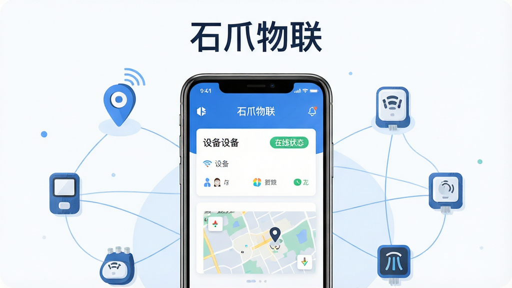 ��������չʾһ�������ֻ����ֻ���Ļ����ʾʯצ����APP����ҳ���棬�����а����豸�б���Ƭ������״̬��ǩ�͵�ͼ����ͼ���ֻ���Χ�����Ŷ�λ������������С������Ӳ��ͼ�꣬��ϸ�������γ��������硣���ֲ��þ��й�ͼ���Ϸ����׷���Ӧ���������֡�ʯצ�����������Ϊ�ִ��Ƽ��б�ƽ�廭��������ɫΪ����ϸ�����������ʸɾ����޶���Ԫ�ء�