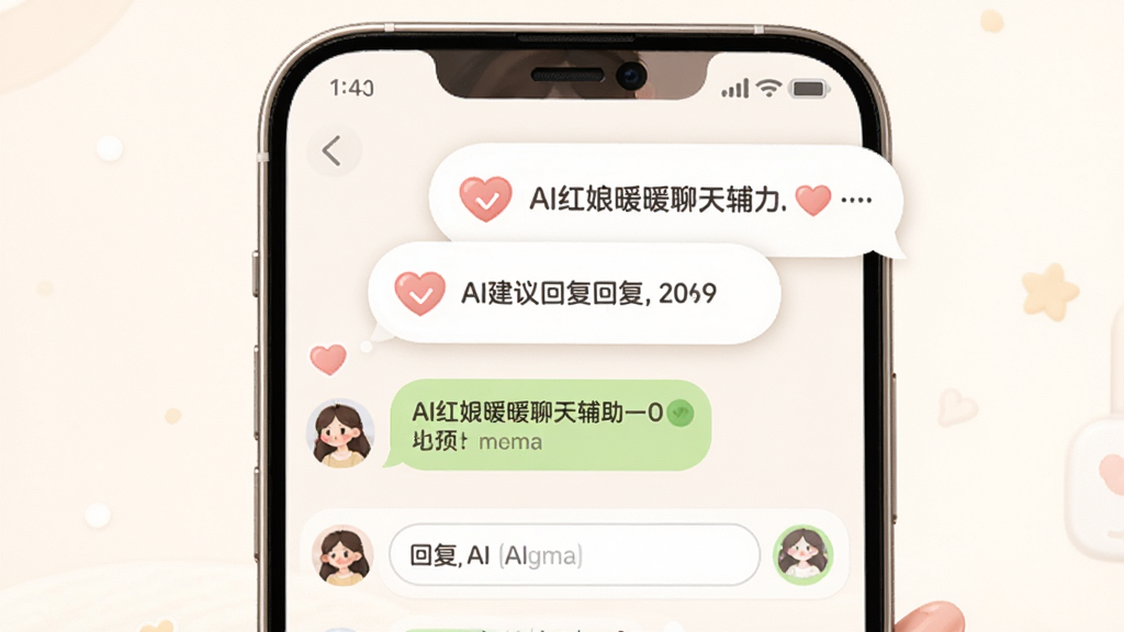 AI红娘暖暖聊天辅助界面预览图,主体为手机聊天窗口,屏幕中显示着用户输入框上方浮现出AI建议的回复气泡,气泡内带有爱心图标,布局为上下结构排版,风格清新柔和,细节上聊天背景为淡雅的米白色,字体圆润,画质高清,干净无多余元素