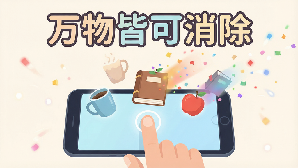 一张以“万物皆可消除”为主题的AI生成图,画面主体为一只手指轻触屏幕,屏幕上方的各种小物件如杯子、书本、苹果正在化作彩色粒子消散,布局采用中心对称构图,排版上软件名称“万物皆可消除”以圆润字体出现在画面顶部,风格为扁平化插画,细节包括粒子拖尾和柔光效果,画质清晰干净,无多余元素
