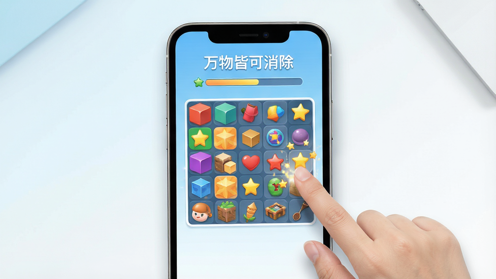 一张展示万物皆可消除软件主界面的预览图,画面中央为手机屏幕内显示整齐排列的彩色方块与物品,用户手指正点击消除其中一个物件,背景为浅蓝色渐变到白色的干净桌面,屏幕四周有柔和的阴影,整体风格清新简约,布局突出软件名称“万物皆可消除”在顶部,细节包括消除特效的小星星和进度条,画质高清干净,无多余元素