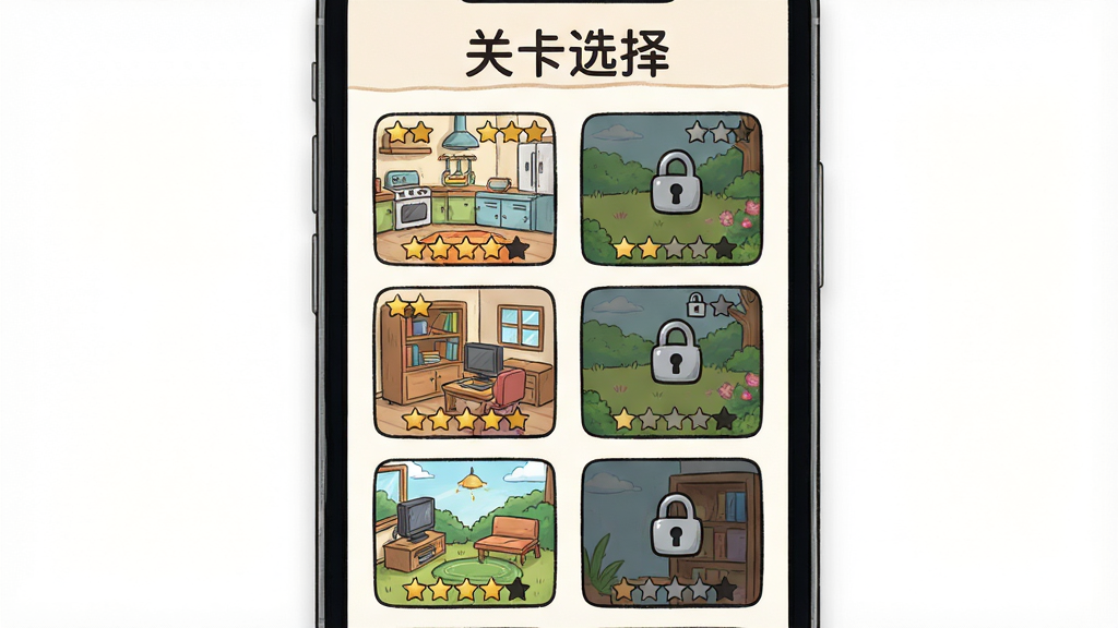 一张展示万物皆可消除多关卡选择界面的图片,画面主体为手机屏幕内呈现网格状排列的关卡缩略图,每个缩略图展示不同场景如厨房、书房、花园,布局为纵向滚动列表,排版上方有“关卡选择”字样,风格为卡通手绘,细节包括已通关的星级标记和未解锁的锁头图标,画质高清,干净无多余元素