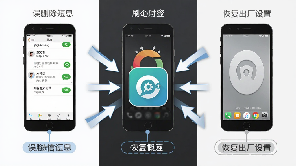 手机短信免费恢复软件的多场景适配展示图,画面分为三个并列场景,左侧为误删短信的手机,中间为刷机中的手机,右侧为恢复出厂设置的手机,三个场景汇聚到中央的恢复软件图标,风格信息图设计,细节包含场景标签和箭头引导,画质清晰干净,无多余元素
