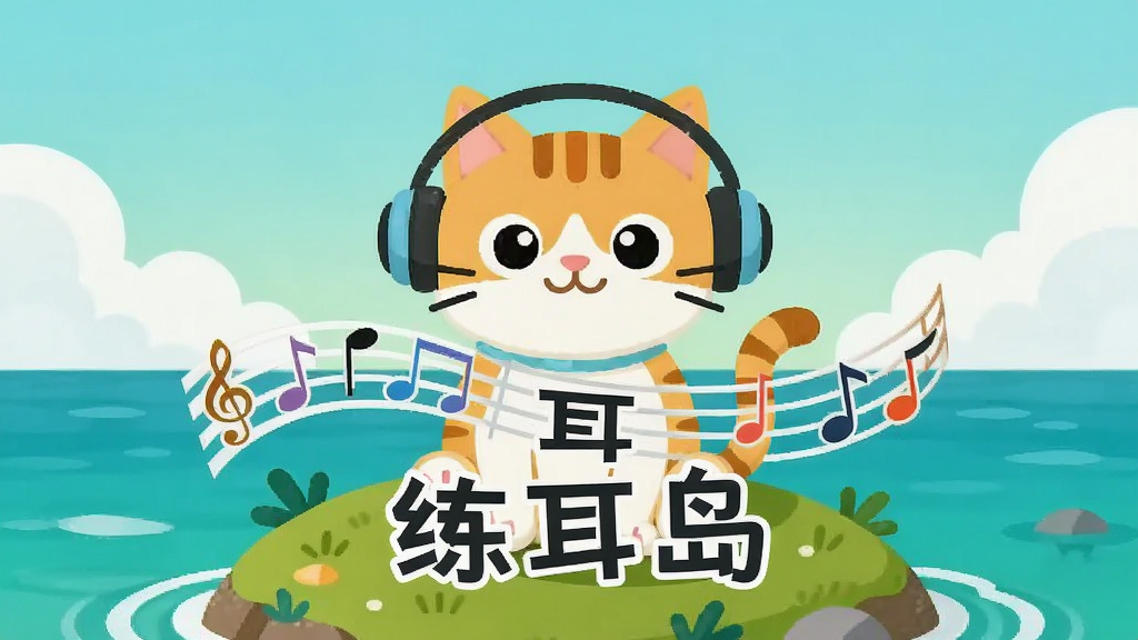 一只戴着耳机的卡通猫坐在小岛上,面前漂浮着五线谱和音符,背景是蓝绿色海洋与天空,画面中央写有“练耳岛”三个字,扁平插画风格,色彩明快,构图居中,细节简洁,高清画质,干净无多余元素