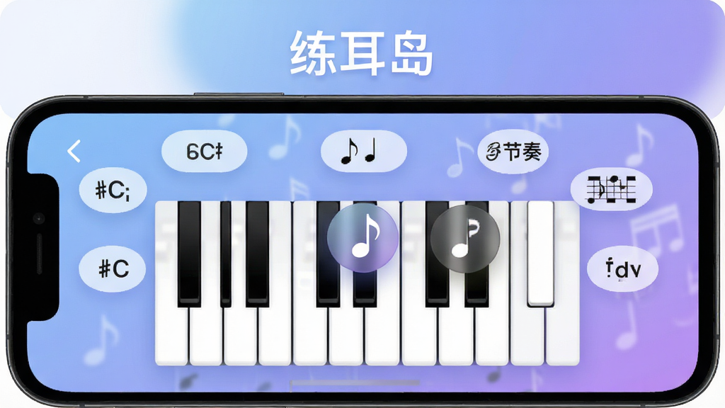一款手机屏幕展示音乐练耳应用界面,屏幕中央显示钢琴键盘与音符图标,周围环绕音程、和弦、节奏等标签,背景是柔和的蓝紫色渐变,界面风格现代简洁,画面上方写有“练耳岛”字样,高清画质,干净无多余元素