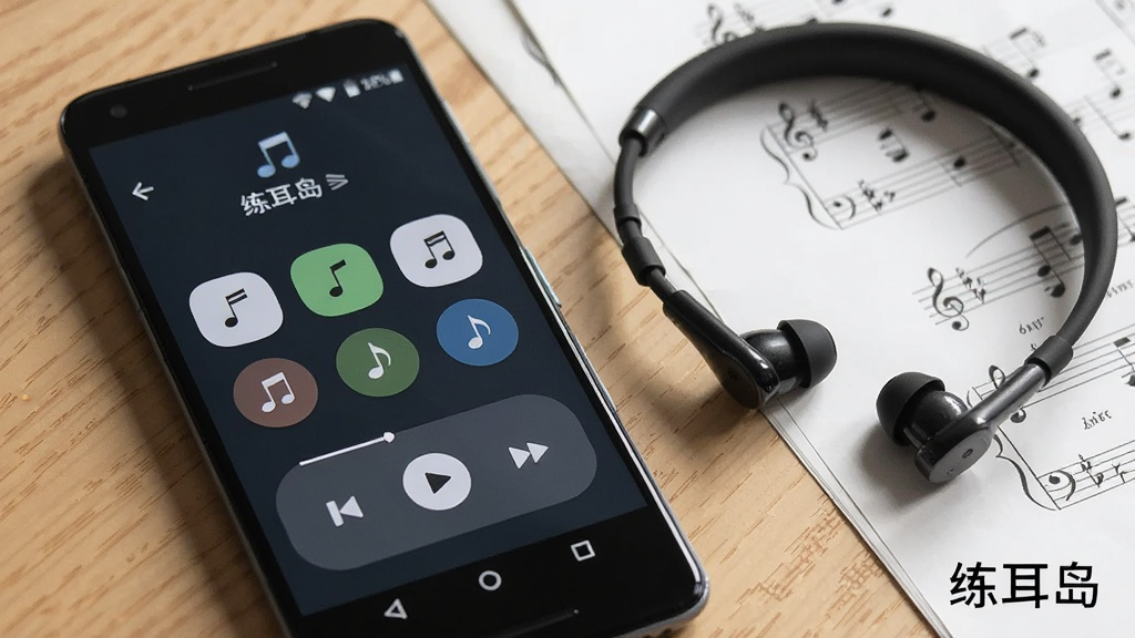 一部安卓手机屏幕显示练耳岛应用的单音训练界面,画面中有音符按钮和播放控制条,旁边放着一副黑色入耳式耳机,背景是书桌和乐谱,画面角落写有“练耳岛”文字,写实风格,高清画质,干净无多余元素