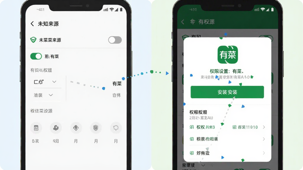 有菜应用在安卓手机上的安装与权限设置示意图,画面为手机设置界面与“有菜”安装弹窗并列展示,布局为左右对比,风格为扁平化科技插画,细节包括未知来源开关、安装按钮、权限列表,画质清晰,干净,无多余元素