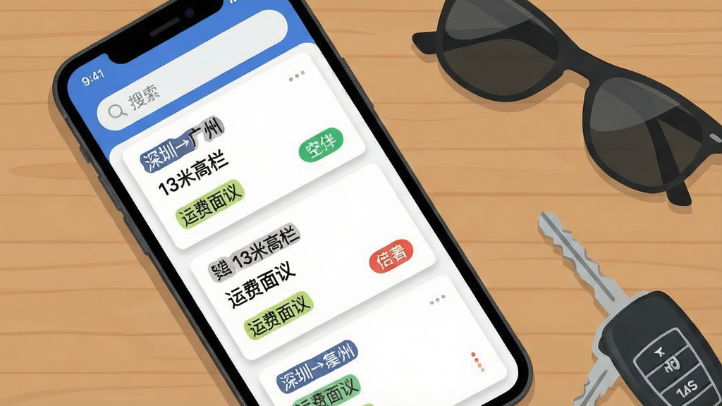 一款货运APP的货源列表页面截图风格插画,画面主体为手机屏幕内显示多条货源卡片,每张卡片上有“深圳→广州”“13米高栏”“运费面议”等文字标签,手机放置在木质桌面上,旁边有一副墨镜和车钥匙,布局为俯视角度,风格为扁平化UI展示风,细节包括卡片阴影、标签颜色区分、顶部搜索栏,画质清晰,画面干净,无多余元素