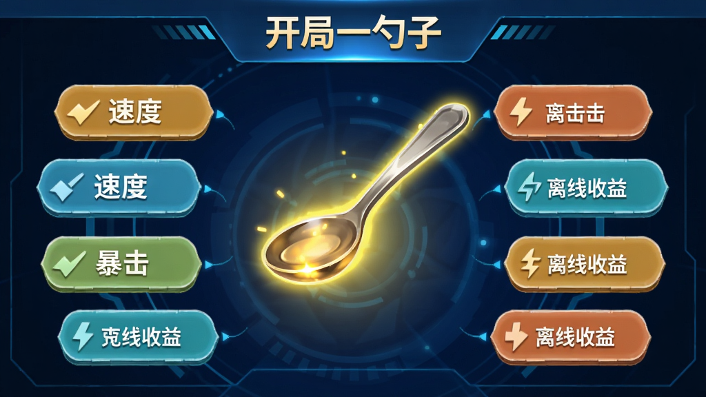 画面中展示一个升级界面,多个升级按钮围绕一把勺子排列,按钮上有