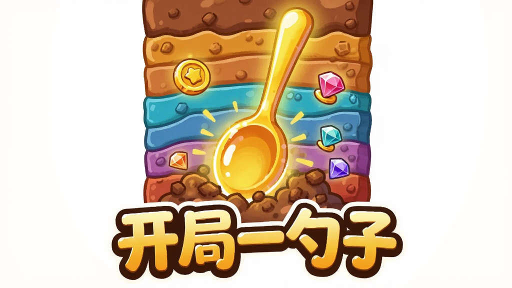 画面展示一把发光的金色勺子正在向下挖掘,周围有不同颜色的土层分层展示,勺子旁边浮现金币和宝石图标,画面中央有