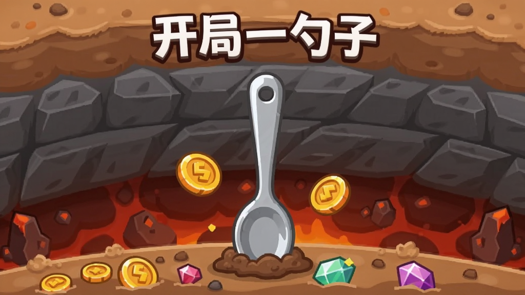 画面中央是一把银色的小勺子垂直向下插入层层叠叠的土壤与岩石之中,背景从浅棕色泥土渐变到深灰色岩层再到暗红色地心岩浆,勺子周围散落着金币和宝石,画面顶部有