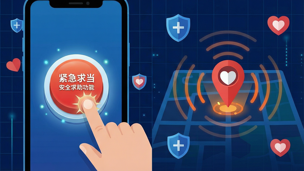 爱心小叮当安全求助功能展示。画面分为两部分,左侧是手机屏幕显示紧急求助按钮被按下,右侧是地图上定位图标闪烁,并有信号波纹扩散。背景为深蓝色科技感网格,点缀着盾牌和爱心图标。风格扁平化设计,色彩对比鲜明,细节上突出按钮的立体感和光效。画质高清,画面干净,无多余元素。