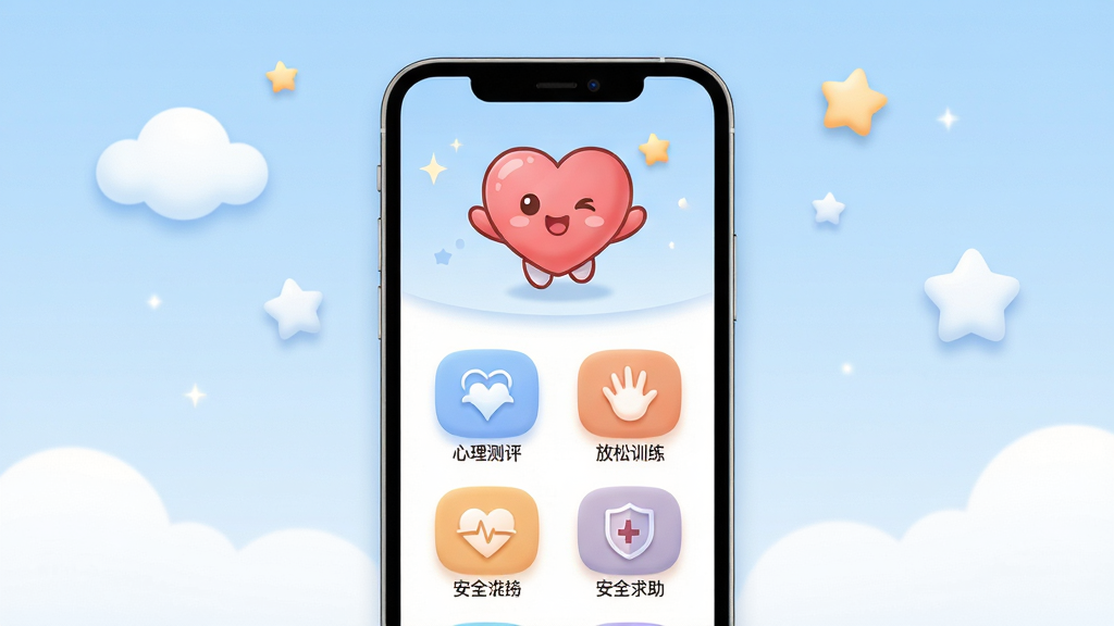 爱心小叮当软件主界面展示图。画面中央放置一部智能手机,屏幕显示爱心小叮当应用的主页,页面顶部有可爱的卡通爱心吉祥物,下方排列着心理测评、放松训练、安全求助等功能图标。背景为柔和的淡蓝色渐变,点缀着几朵白云和星星。布局简洁清晰,风格温馨治愈,细节上突出图标圆润的边角和柔和的阴影。画质为高清2K,画面干净,无多余元素。