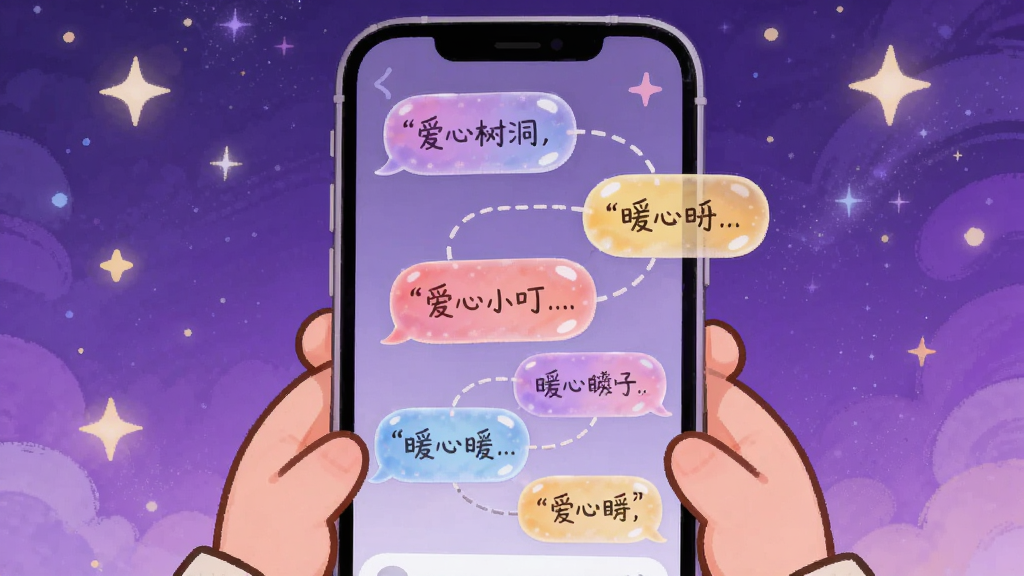 爱心小叮当匿名树洞社区界面。画面展示手机屏幕内是一个个彩色的气泡对话框,每个气泡里有一句暖心的话,气泡之间由虚线连接。屏幕外有一双卡通手正托着手机。背景为梦幻的紫色星空,点缀着闪烁的星星。风格温馨插画,细节上气泡有半透明质感,画质高清,画面干净无杂乱。