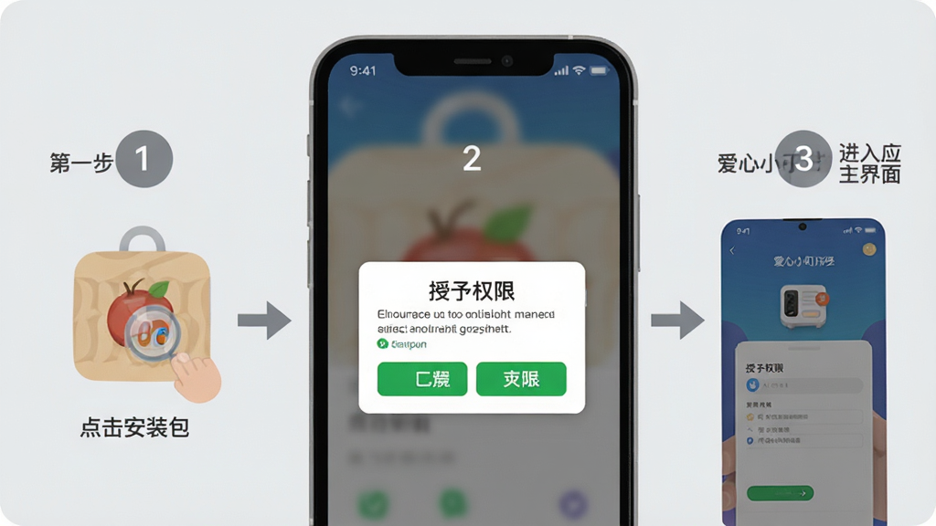爱心小叮当新手操作示意图。画面展示一部手机屏幕,屏幕上分步骤显示:第一步点击安装包,第二步授予权限弹窗,第三步进入应用主界面。每一步用数字圆圈标注,箭头引导。背景为浅灰色,风格简洁扁平,细节上权限弹窗的按钮用绿色高亮。画质高清,画面干净,无多余元素。