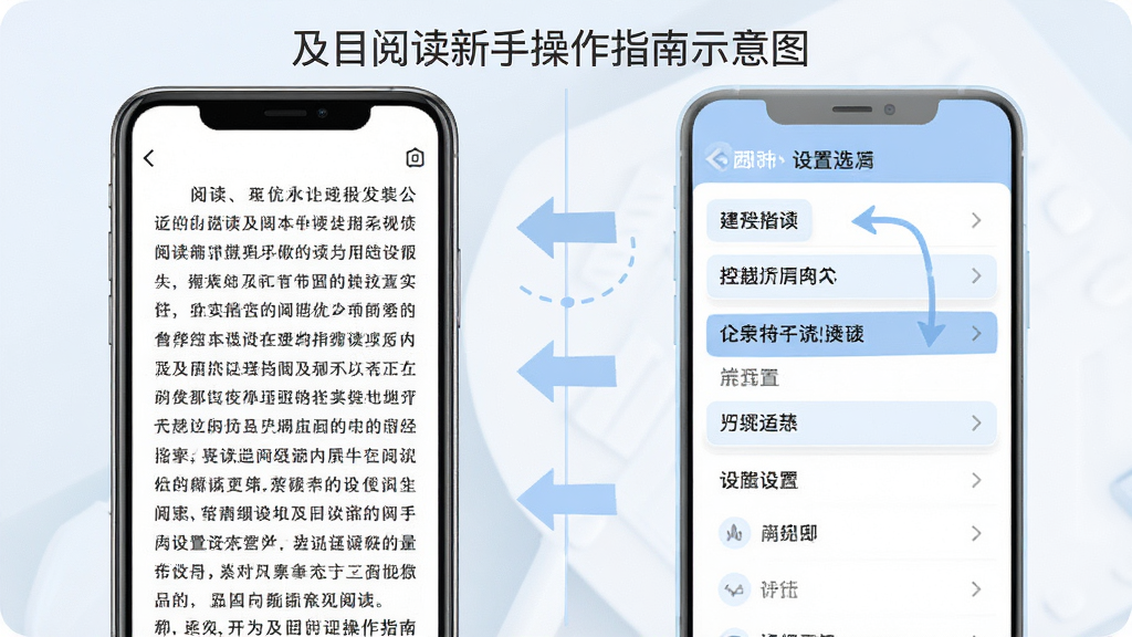 及目阅读新手操作指南示意图,主体为手机屏幕展示阅读界面与设置面板的对比,左侧显示阅读页面,右侧显示设置选项列表,布局为左右分栏,风格为简洁教程风,细节包括清晰的箭头指引、高亮标注的设置项、柔和的蓝色主题色,画质高清,画面干净,无多余元素
